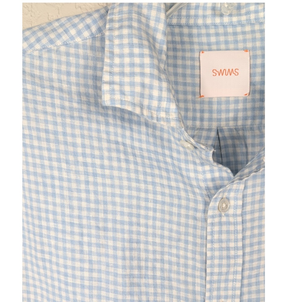 SWIMS Mens Gingham Linen Long Sleeve Button Down‎ Shirt Blue White - M